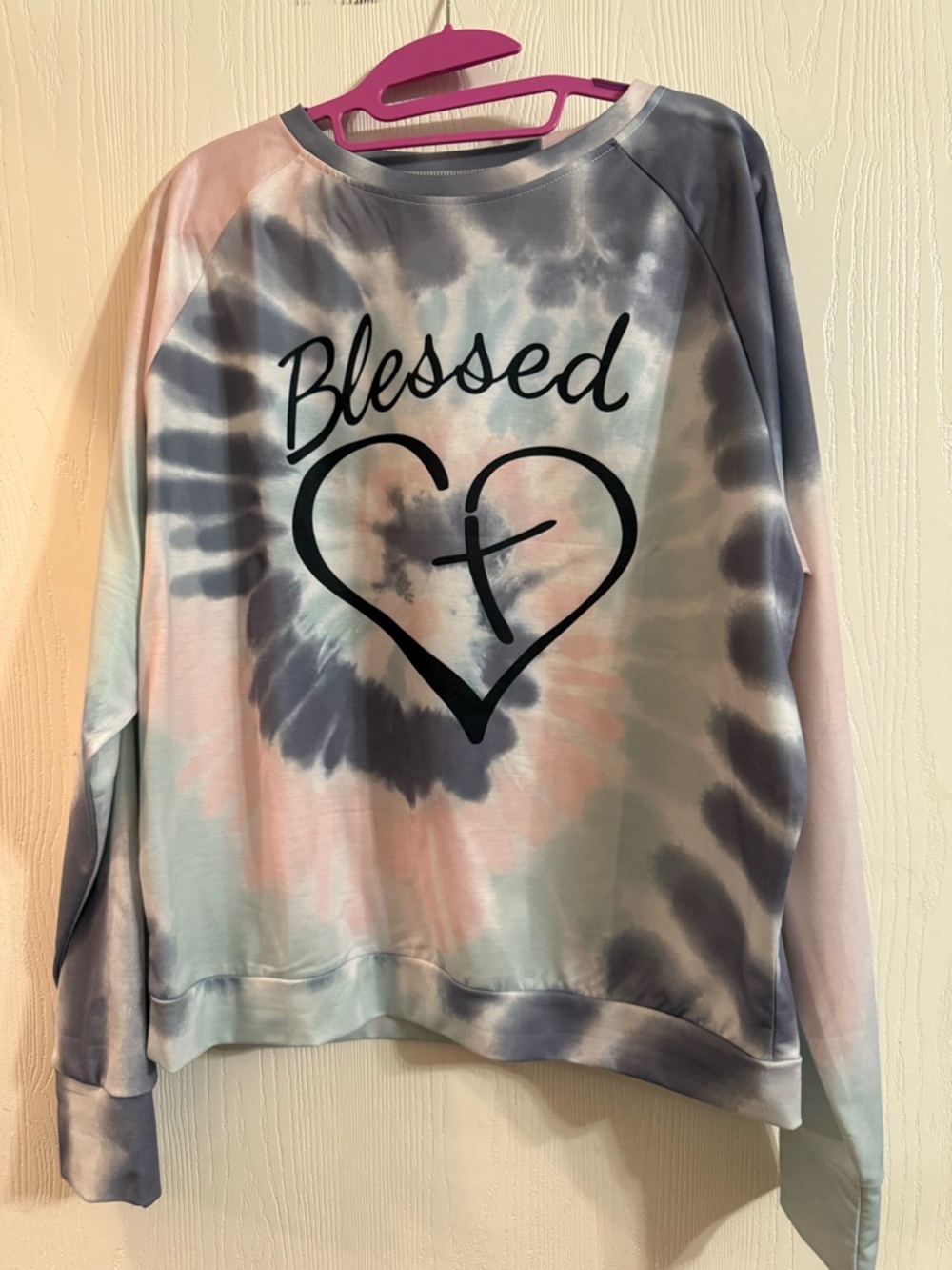 Blessed Heart Tie-Dye Pullover Sweatshirt in Pastel Pink, Blue & Gray